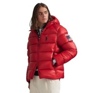 Polo Ralph Lauren Mens Large Down Puffer Jacket Red USA Flag Hooded NWOT